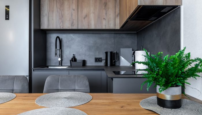 Modern L-shaped kitchen with matte gray cabinets, wooden upper cupboards, black fixtures, green plant, and a clean minimalist design.